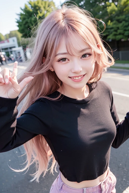 Cute Smile, (High Top Fade:1.3),, Calm tone, High Contrast, Hyperrealism, Soft Light，whole body，fine，Open your arms，Long Hair，Very smiling，Cute clothes，fluffy long sleeve clothes,The background is mysterious，Flying，Long Hair，Pink hair color，The wind is blowing，Idol Style,Wave your hand，Five fingers
