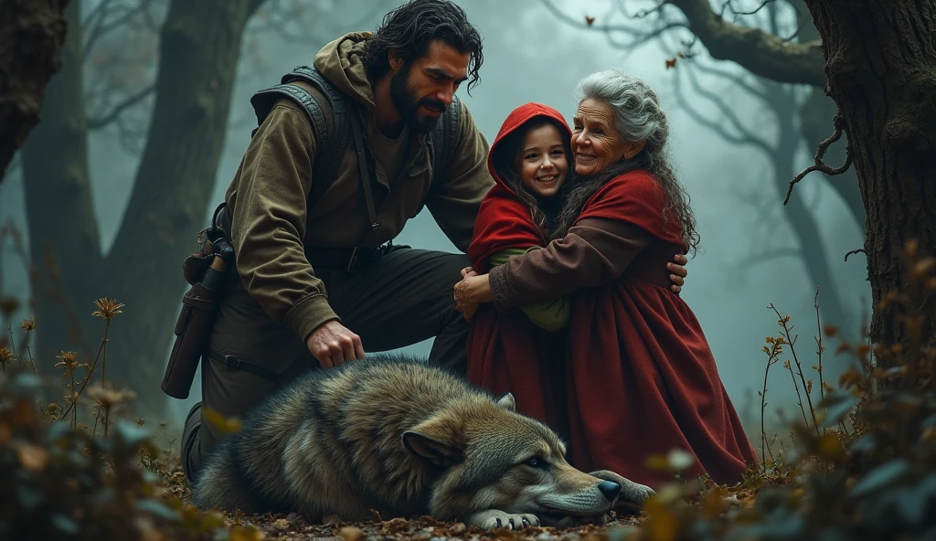 The hunter appears、Kill the wolf、Little Red Riding Hood and the scene where she saves her grandmother。At the end, the three are shown looking happy.。