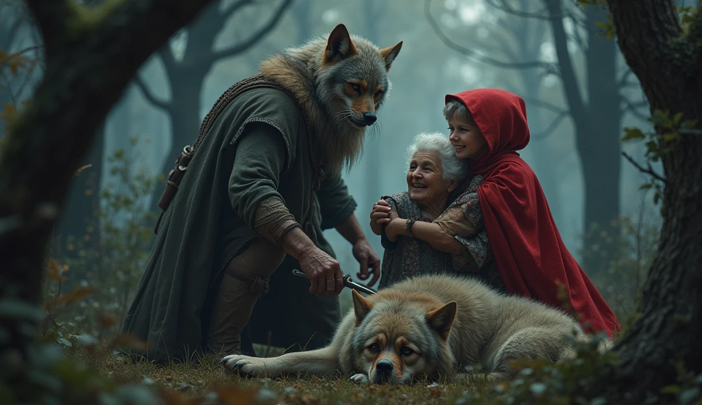 The hunter appears、Kill the wolf、Little Red Riding Hood and the scene where she saves her grandmother。At the end, the three are shown looking happy.。