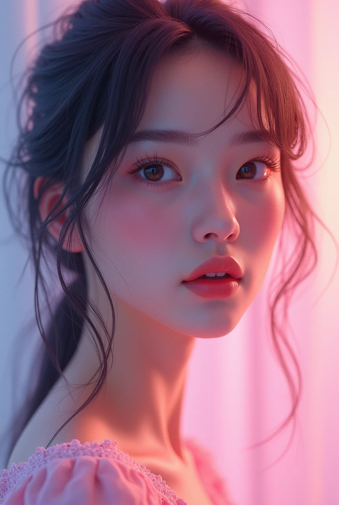 A realistic digital art of an American woman face with a candy color ambient 

