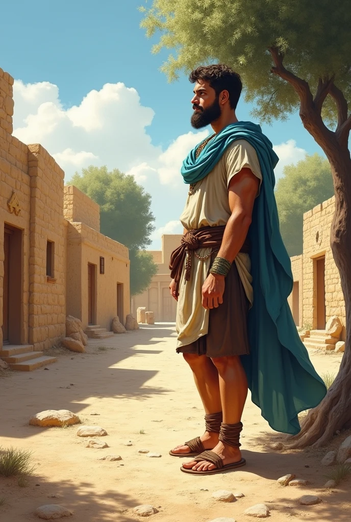 A light-skinned man, blue eyes, beard and dark brown hair, dressed in bone-colored tunic, brown short skirt, sandals tied up to the shins, and sky blue mantle observes a group of 1st century Jewish houses made of ochre-colored stone surrounded by olive trees  