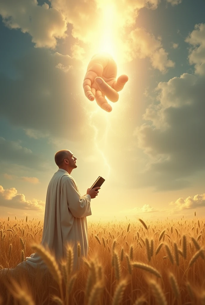 Un logo avec la main de DIEU descendant du ciel avec beaucoup de lumière dans ses mains, a kneeling pastor with a Bible in his hand, the scene in a wheat field. Sisters Day Pastors Association