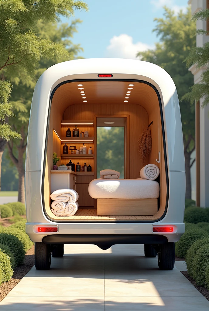 "Illustrates a home spa vehicle with the interior loaded with spa items. Shows the vehicle door open, with items such as towels and oils being transported to the house. inside, represents the spa set up with a stretcher and a comfortable chair, highlighting the transformation of the home into an oasis of luxury."