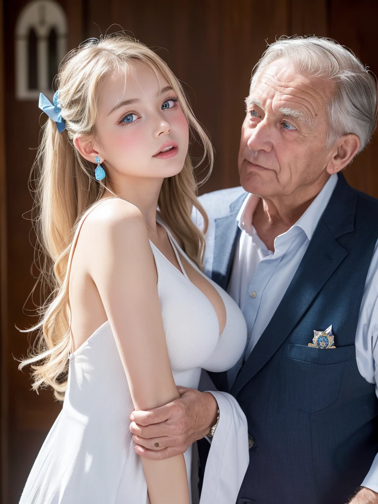 (masterpiece), best quality, (((old man wearing a polka dot suit hugs nude naked young  girl who wears a party hat and has short blonde hair))) and unhappy face and medium breast and nipple and vagina and earring and wristwatch and necklace, classroom setting, wrapped gifts and colorful balloons in background, man in the background,