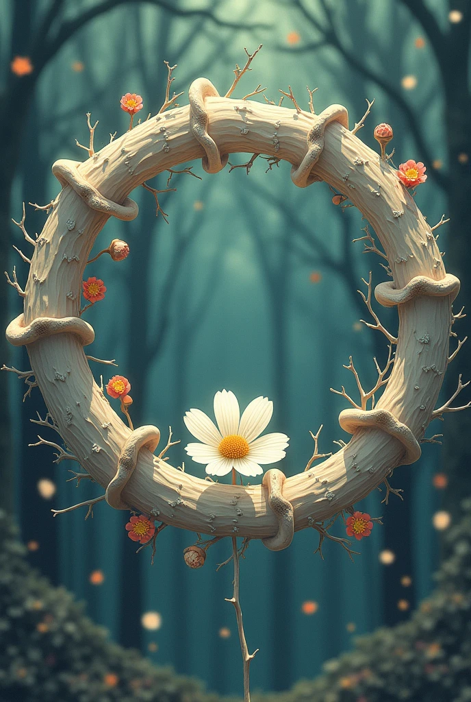 Celluloid style,Anime style,Ring composition,{The focus of the composition is on the outside of the ring:1.4},{There is a large blank space in the middle of the ring:1.4},A small flower,Branches,Dead Branches,Wreath of bones。,The wreath reflects the four solar terms of spring, summer, autumn and winter。The ring reflects the cycle of seasons,As they change and wither,Decay&newborn。