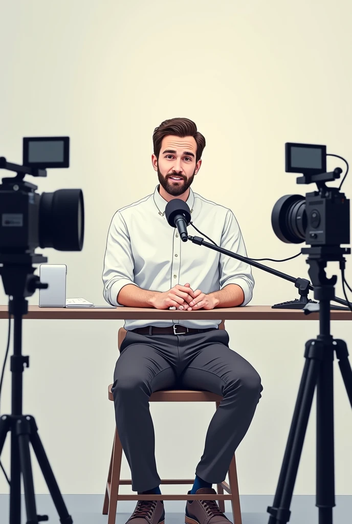 A men who set on his studio with a mic in front of camera and talking . 2d