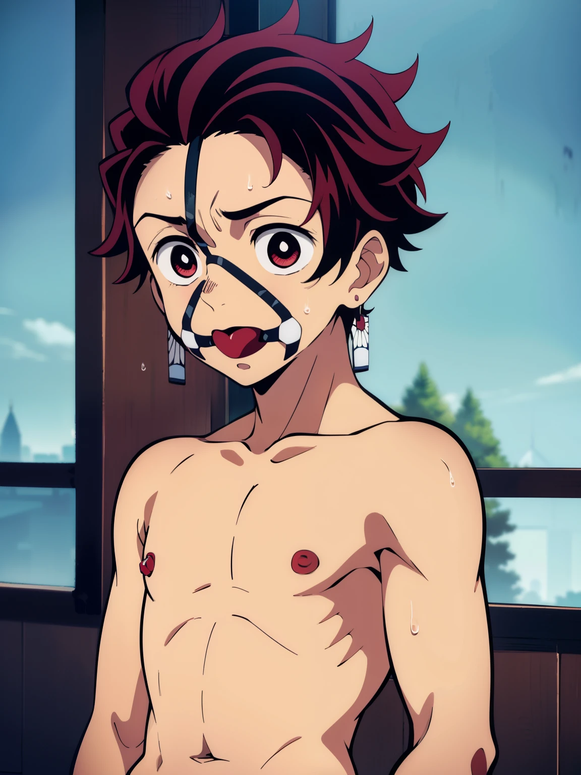 Highres, Masterpiece, Best quality at best,Best Quality,hight quality, hight detailed, Anime style, 1boy, Shota, young boy,Tanjiro, red hair, earring, Slim body, look at viewer, Shirtless, bare shoulders, Gag, Harnessgag, upper body, simple beckground, (very young boy), (very small and short body), simple beckground, hansome boy, Uhd, bokeh, sweat