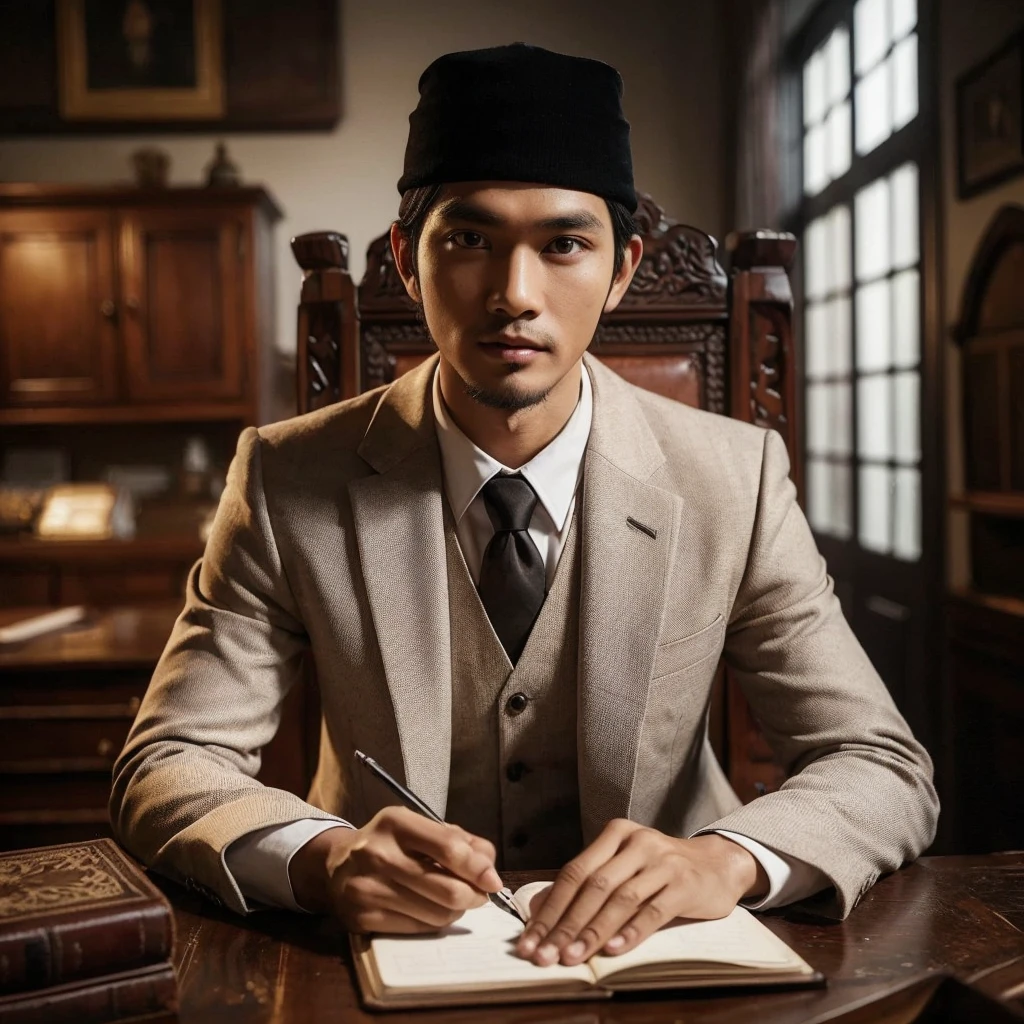 photo of a 2 Indonesian man. wearing a black skullcap. wearing a dark cream colored suit and brown tie. writing on a notebook on an antique wooden table. face looking at camera.old office room background. left slanted photo taking pose.Ultra HD photo quality. realistic and detailed photos.