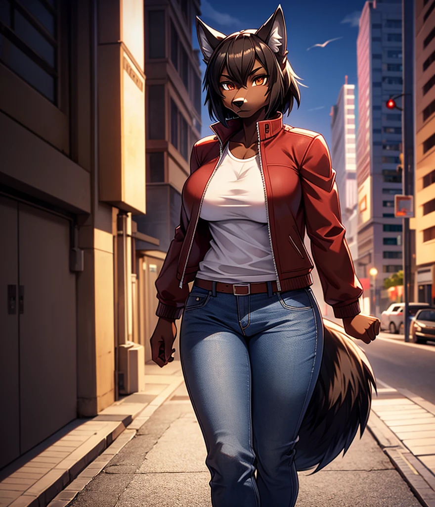 By r-mk, ((Wolf)) (woman) ((brown skin)) standing straight, red cotton jacket, white t-shirt, jeans, black hair, [[serious face]], female eyes, tall woman (furry), muscles, 30 years old, [medium size breast], ((cotton jacket)), [[short hair]], detailed face, good anatomy, well illuminated, sidewalk, ondulated hair, [wolf snout], solo, [face close up], short wolf tail, 2d