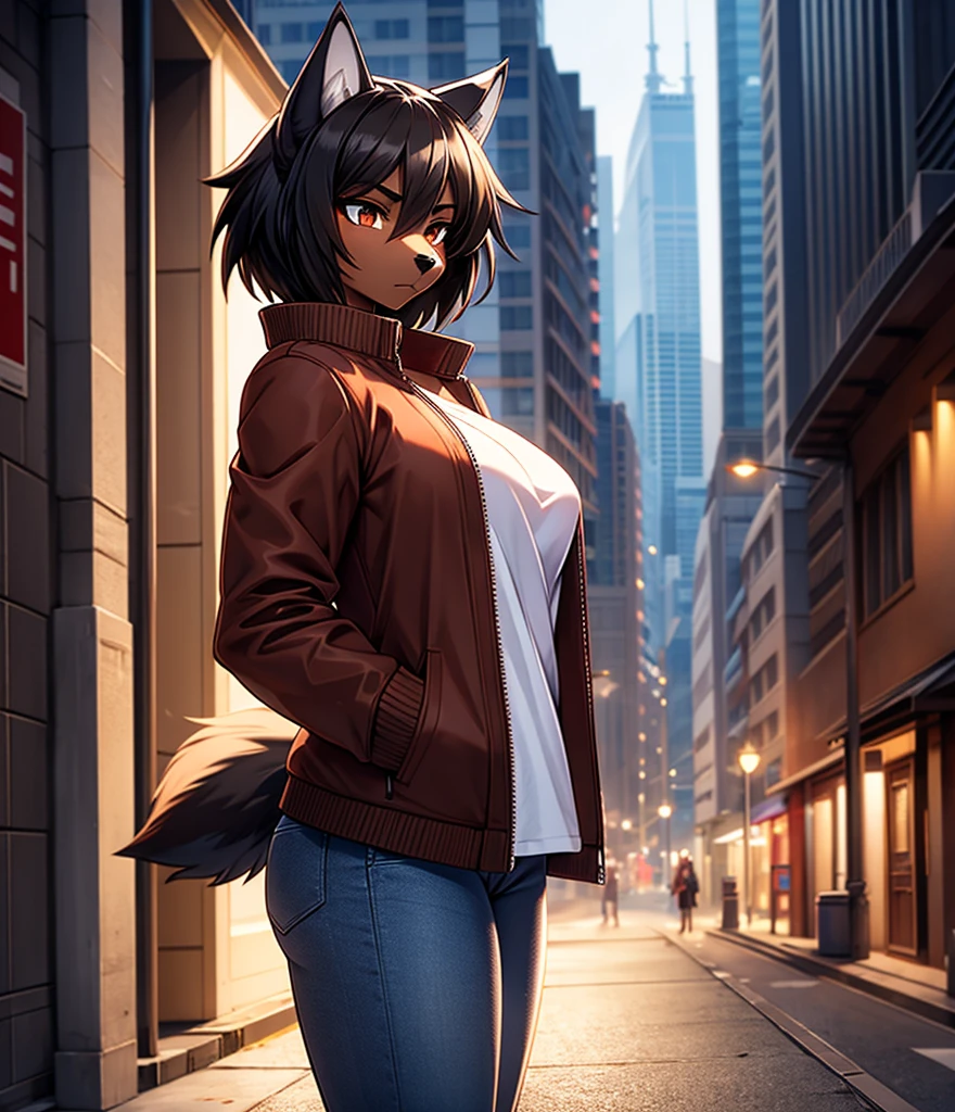 By r-mk, ((Wolf)) (woman) ((brown skin)) standing straight, red cotton jacket, white t-shirt, jeans, black hair, [[serious face]], female eyes, tall woman (furry), muscles, 30 years old, [medium size breast], ((cotton jacket)), [[short hair]], detailed face, good anatomy, well illuminated, sidewalk, ondulated hair, [wolf snout], solo, [face close up], short wolf tail, 2d