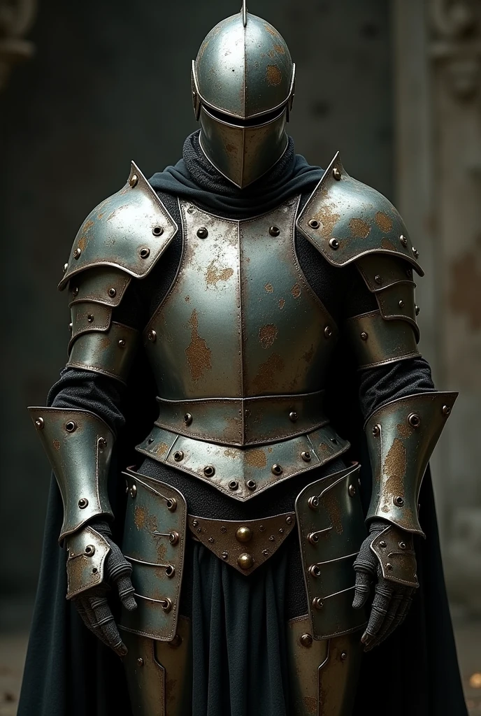 Design an armor called "Useless Defense". The armor must look like a remarkably poor piece of craftsmanship. The frame is flimsy and appears to have been made of low-quality materials, such as a combination of thin metal and torn fabric. The armor plates are misaligned and poorly fitted, with visible seams showing sloppy and messy sewing work. The armor has a fragile look, almost like a decorative layer rather than a piece of actual protection. Details of the armor include holes and perforated areas that reinforce its ineffectiveness, giving the impression that any blow could pass through it without difficulty. The piece has a rough and careless finish, with a design that accentuates its lack of functionality. The overall image should convey a mix of inefficiency and uniqueness, ideal for sparking conversation and reflection on design errors in armor craftsmanship., Gothic art, cinematic lighting, depth of field, reflection light, blending, UHD, masterpiece, super detail, high details, high quality, highres, best quality, accurate