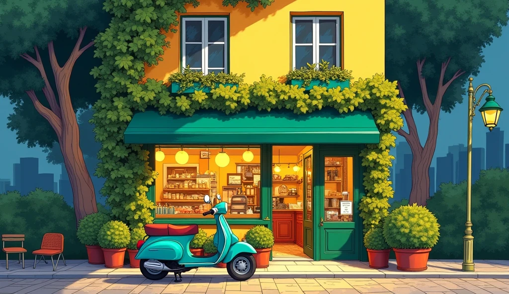 illustrated by hergé, style of tin tin comics, pen and ink., beautiful colors, attention to detail,Vibrant and detailed illustration of a quaint cafe with a charming, vintage aesthetic. The building features a two-story layout with a yellow facade adorned with lush green vines and plants. , and an inviting open door leading into the store. A green awning shades the entrance, adding to the cozy atmosphere. In front of the store, a teal scooter is parked on a cobblestone street, enhancing the nostalgic feel. The upper level has two large windows with white frames, also surrounded by greenery. The overall scene is bathed in night, natural light, creating a serene and welcoming ambiance. The illustration is rich in detail, with a harmonious blend of colors and textures that bring the scene to life.