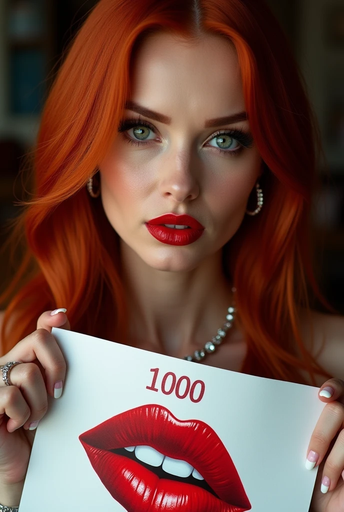 close-up, extreme close-up, close-up portrait, portrait, close-up on her lips, ultra realistic, photography, long straight red hair, (30 years old, green eyes, hourglass figure, perfect body, natural medium breasts), firtatious look, glossy shiny red lipstick, femme fatale, she is a sex icon, she is a sex goddess, long eyelashes, cat-eye make-up, focus on her eyes, highlight her lips, her eyes focus the camera, wearing diamond jewelry, holding up a white sign with a red lipstick print on it and the Number "1000" written over it, she has her lips pouted and her eyes closed