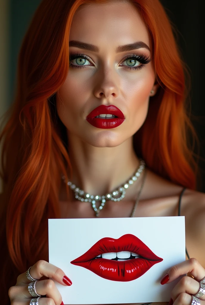 close-up, extreme close-up, close-up portrait, portrait, close-up on her lips, ultra realistic, photography, long straight red hair, (30 years old, green eyes, hourglass figure, perfect body, natural medium breasts), firtatious look, glossy shiny red lipstick, femme fatale, she is a sex icon, she is a sex goddess, long eyelashes, cat-eye make-up, focus on her eyes, highlight her lips, her eyes focus the camera, wearing diamond jewelry, holding up a white sign with a red lipstick print on it and the Number "1000" written over it, she has her lips pouted and her eyes closed