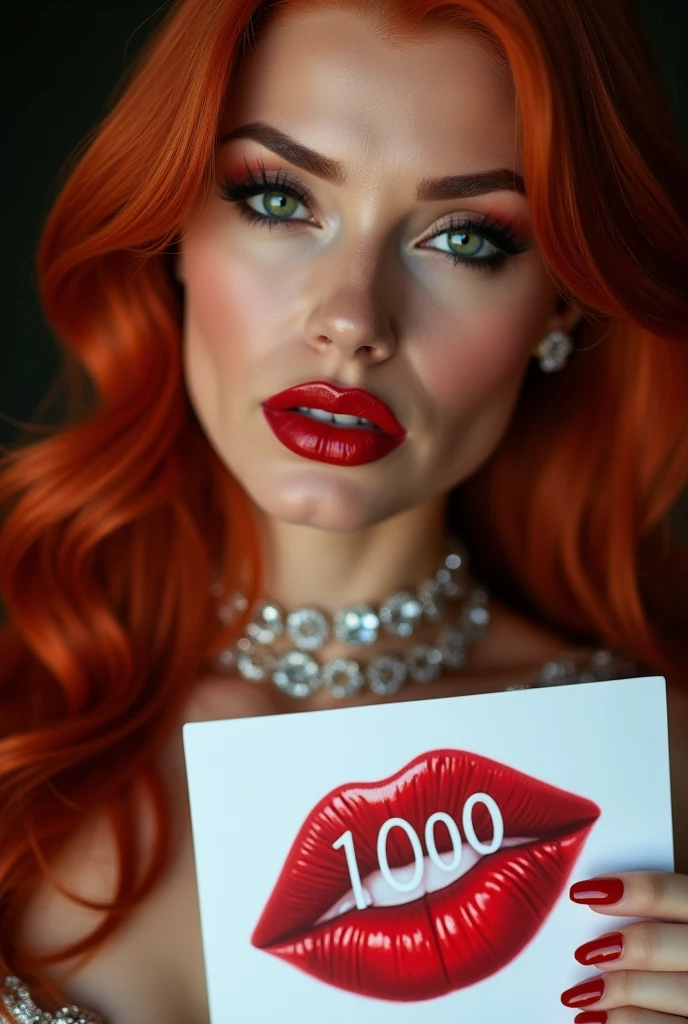 close-up, extreme close-up, close-up portrait, portrait, close-up on her lips, ultra realistic, photography, long straight red hair, (30 years old, green eyes, hourglass figure, perfect body, natural medium breasts), firtatious look, glossy shiny red lipstick, femme fatale, she is a sex icon, she is a sex goddess, long eyelashes, cat-eye make-up, focus on her eyes, highlight her lips, her eyes focus the camera, wearing diamond jewelry, holding up a white sign with a red lipstick print on it and the Number "1000" written over it, she has her lips pouted and her eyes closed