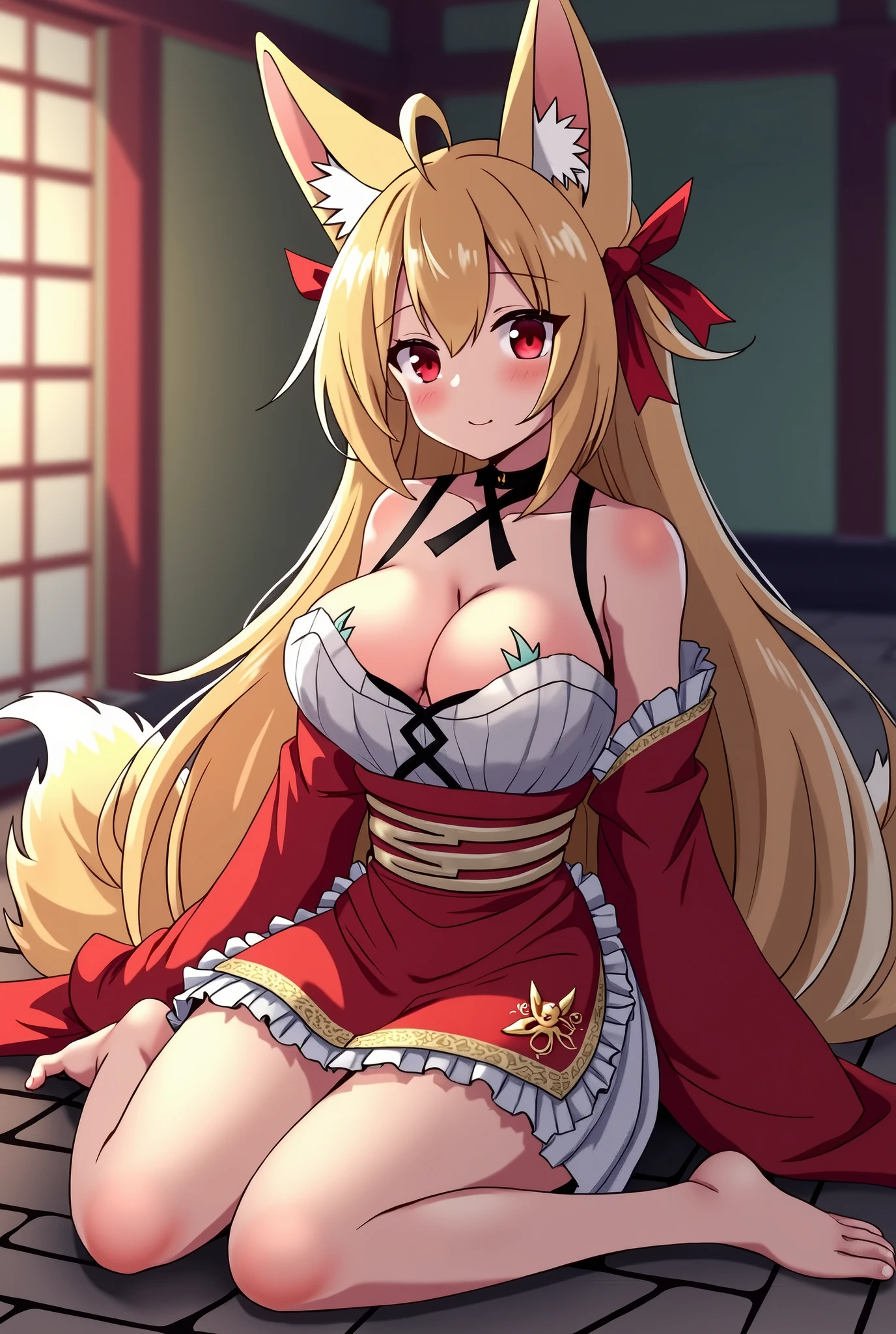 Fox furry human Super big breasts shrine , Shrine maiden costume  , sitting upright Active personality Leg spread  ,absurdres,hires,ultra detailed Always with eyes closed The body of an  except for the chest Add fox features to the face sex
