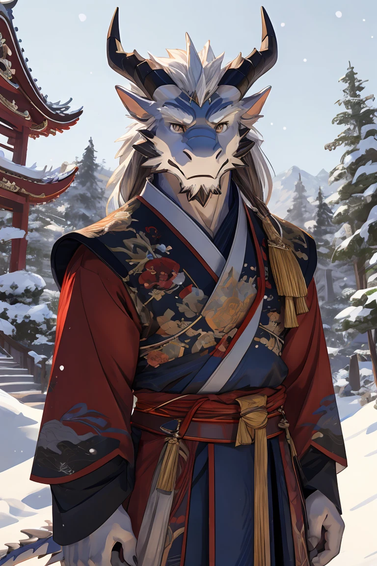 best quality，Ultra HD，Second Dimension，Close perspective，The most exquisite eyes［The most exquisite eyes：2.1］，Standing in the snow next to the pavilion in the snowy mountains，male，White Dragon，middle aged，White Hair，The tail is white.，There are many scales，There are two brown horns on the head，Gray Eyes，Black and red heavy ancient style Hanfu