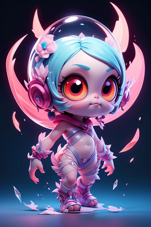 Create a monster image, a small, big-headed, monster.. The body is transparent and can be seen through. The image is sharp and detailed., with beautiful colors.. With arms, leg, eyes, mouth, พื้นหลังสีlegว