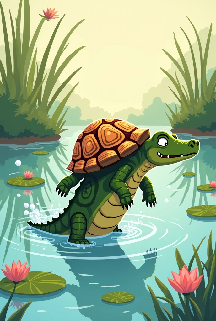 The tortoise jumps off the crocodile's back in pond in 2d cartoon