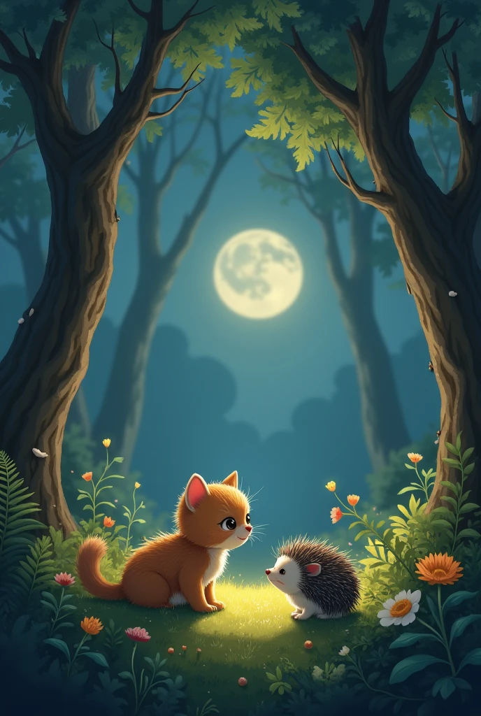 kitty, lost in the woods, finds friendship in a little hedgehog. A cozy forest glade, night forest."