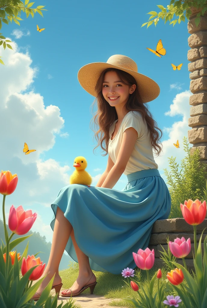 1.Adult girl in light-colored straw hat and top paired with blue skirt, seated beside a stone wall, gracing the scene with a smile, yellow duck by her side, surrounded by a foreground of colorful tulips, under a blue sky scattered with white clouds, butterflies in mid-flight, digital painting, ultra fine, cinematic.