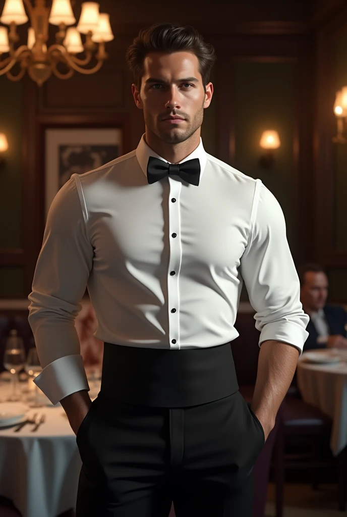 Sexy muscular waiter in white shirt, bow tie and dress pants