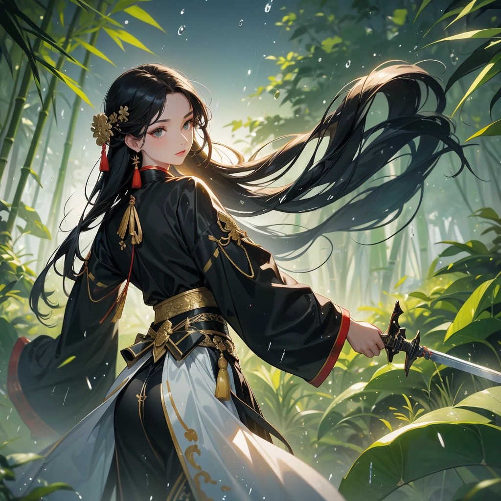 a beautiful woman black-haired female general holding a large sword in ancient Chinese general costume, the back is a lush green bamboo forest. the air after rain has water droplets splashing around.
