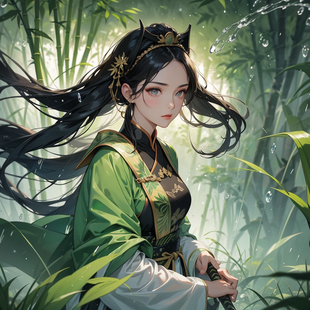 a beautiful woman black-haired female general holding a large sword in ancient Chinese general costume, the back is a lush green bamboo forest. the air after rain has water droplets splashing around.