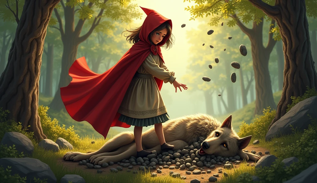 The hunter appears、Little Red Riding Hood Kills the Wolf and Fills It with Stones、The End of the Wolf、The joy of three