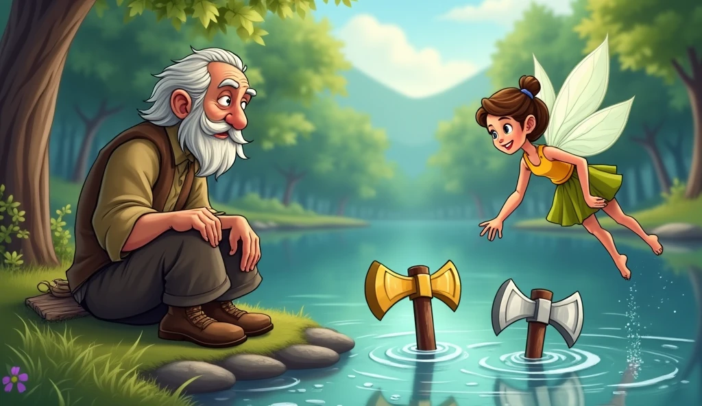Poor old woodcutter sit on the bank of river and fary go in to water She dived into the river and brought up But the water comes with three axes golden silver and iron axe give the man cartoon 