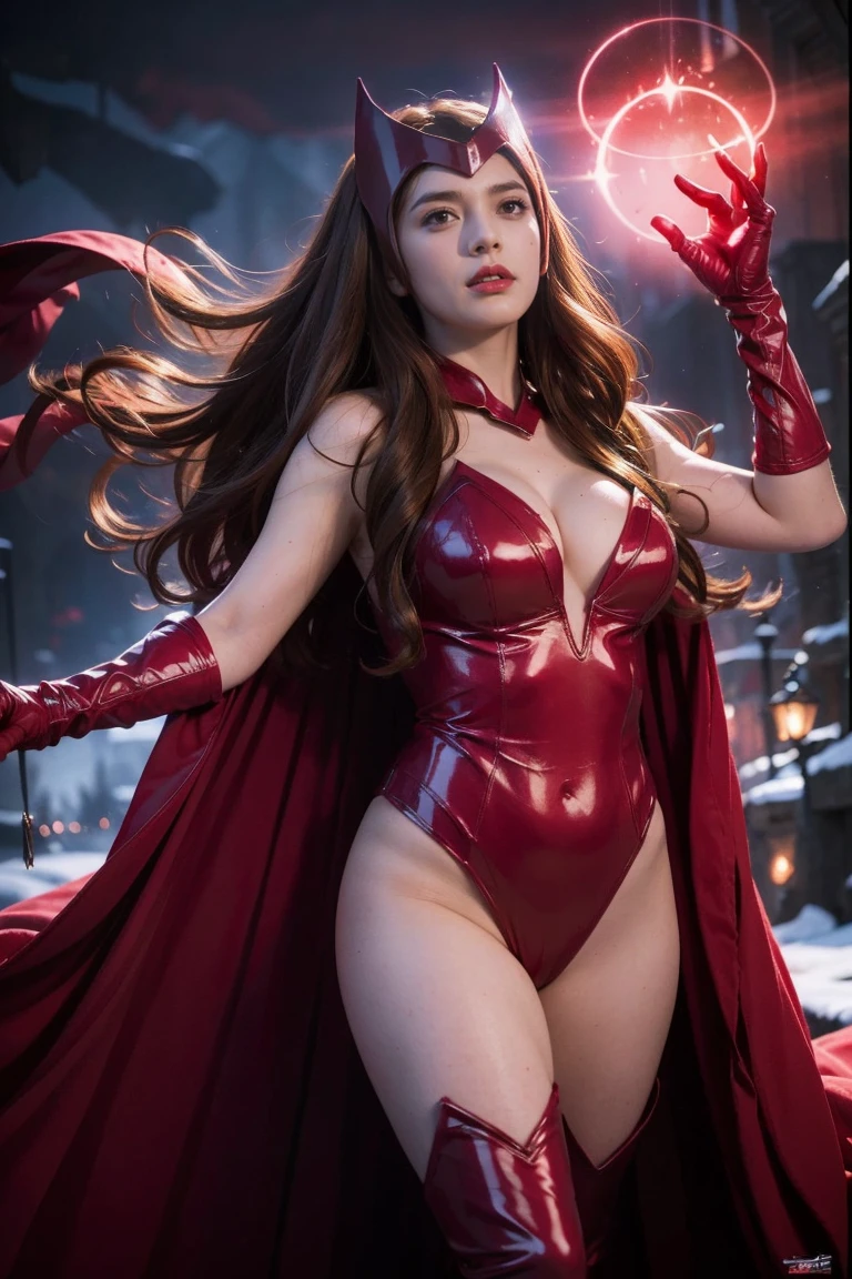 best quality,ultra-detailed,realistic,sexy scarlet witch,beautiful detailed eyes, beautiful detailed lips, long red hair, witch costume, glowing magical powers, intense gaze, confident posture, dark and mysterious background, vibrant colors, enchanting art style, dramatic lighting