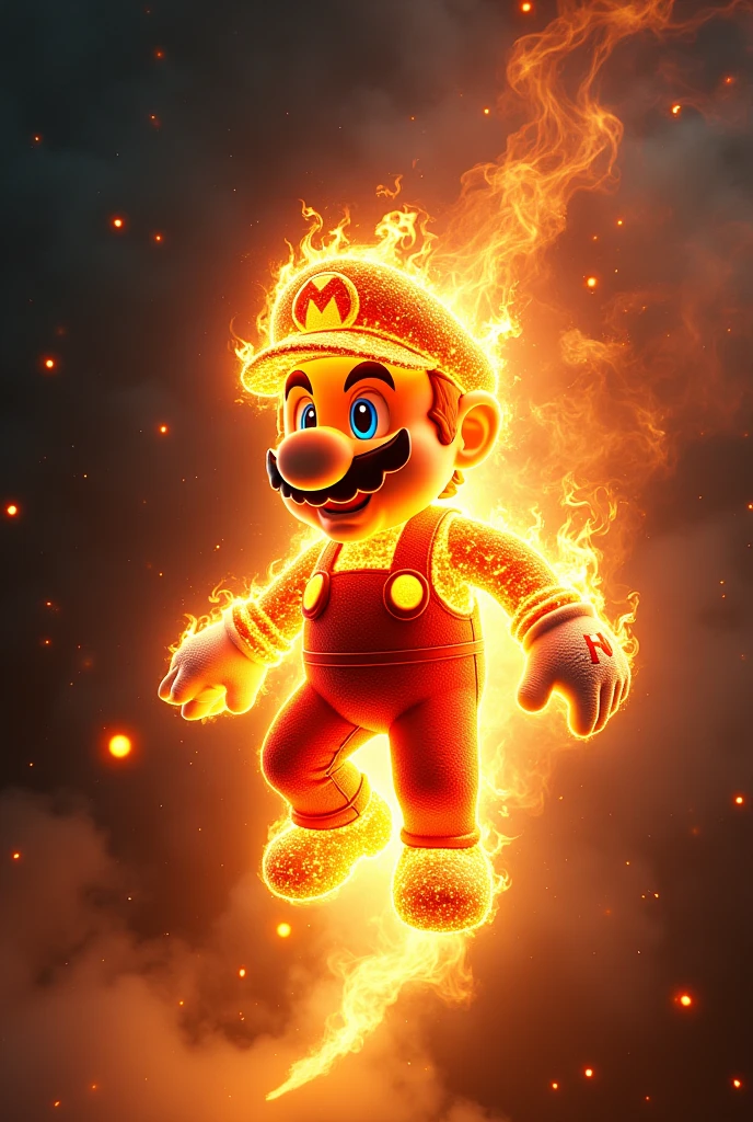 Video game Mario. Body made of  fire, flying like a comet.
