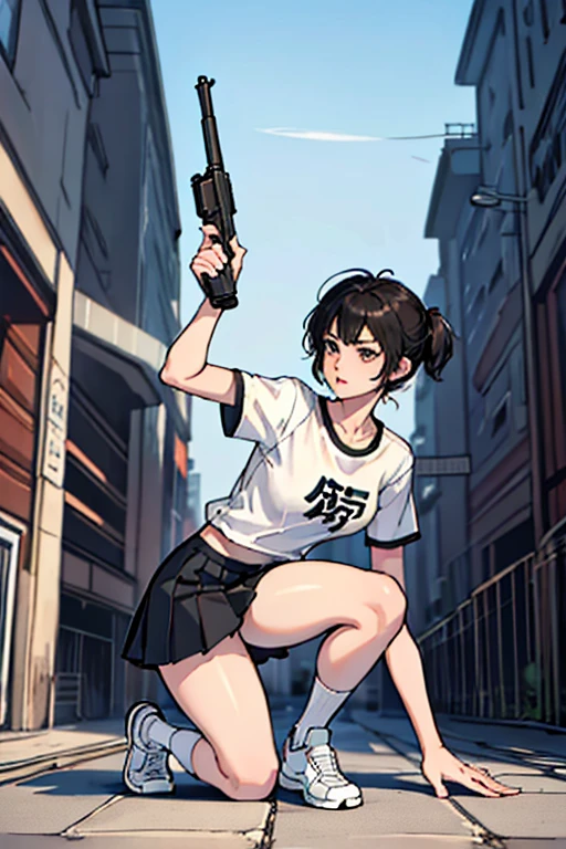 Highest quality、Ultra HD、One Woman、(Black short hair 1.3)、(White T-shirt 1.3)、(White sneakers 1.1)、(Black pleated skirt 1.2)、((Shooting a gun 1.2))、(White knee-high socks 1.2)、(Boyish and well-proportioned face 1.2)、2 female、Toned body、(Evening city background 1.2)、((Clear and beautiful touch))