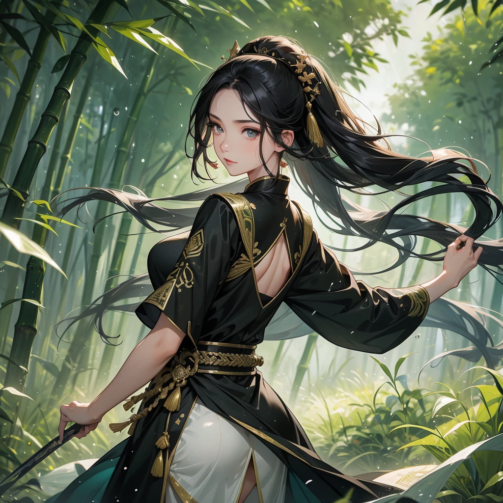 a beautiful woman black-haired female general holding a large sword in ancient Chinese general costume, the back is a lush green bamboo forest. the air after rain has water droplets splashing around.