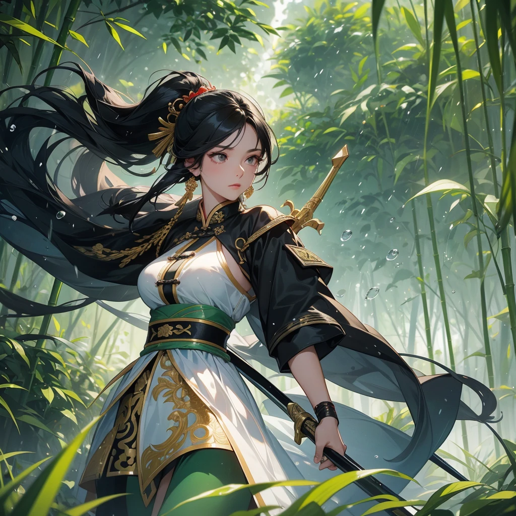 a beautiful woman black-haired female general holding a large sword in ancient Chinese general costume, the back is a lush green bamboo forest. the air after rain has water droplets splashing around.