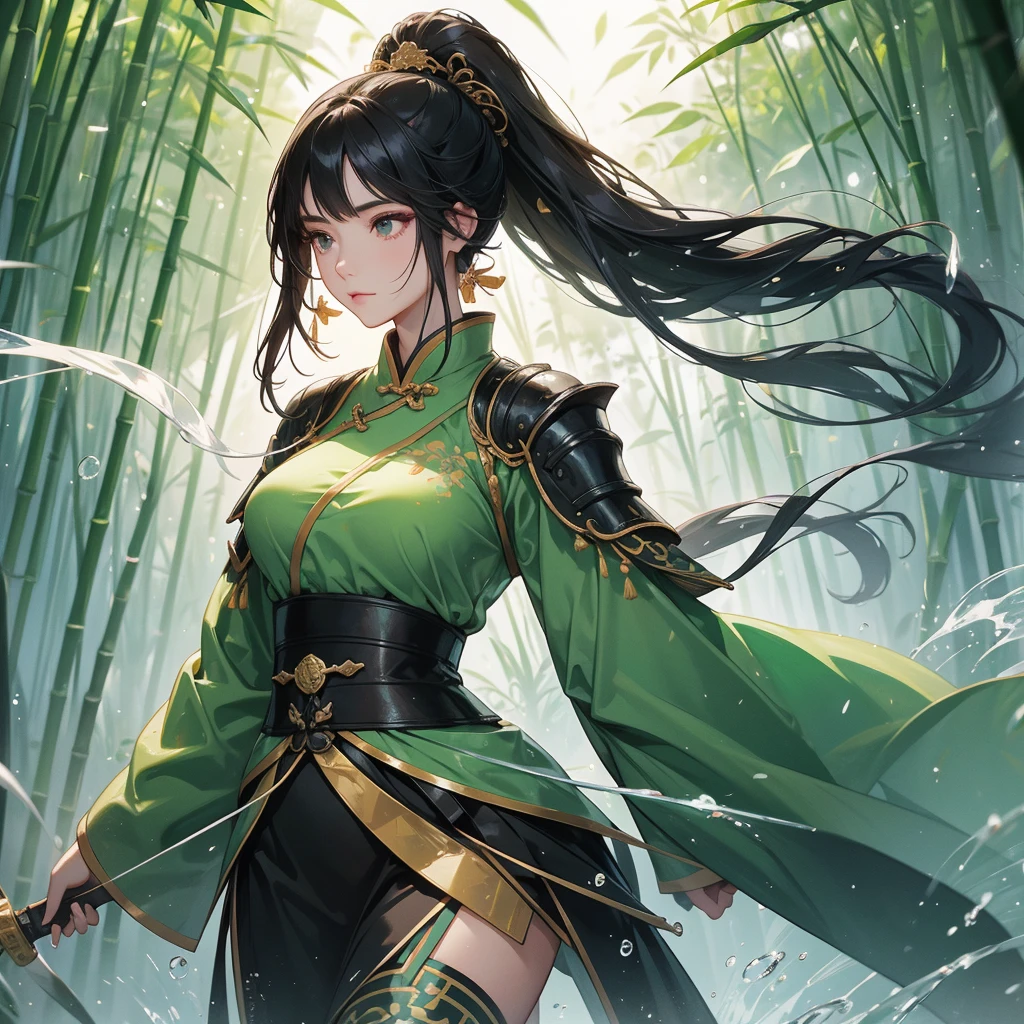 a beautiful woman black-haired female general holding a large sword in ancient Chinese general costume, the back is a lush green bamboo forest. the air after rain has water droplets splashing around.