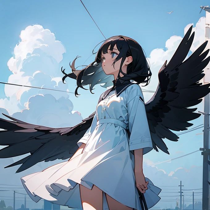 Girl, black hair, white dress, looking up, blue sky, lots of electric wires, pylon, crow, wind, sunlight, lonely