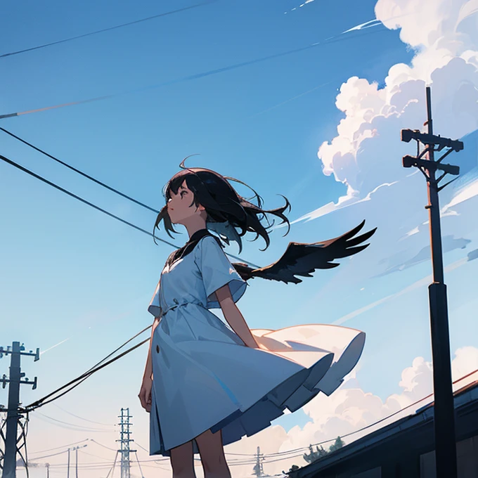 Girl, black hair, white dress, looking up, blue sky, lots of electric wires, pylon, crow, wind, sunlight, lonely