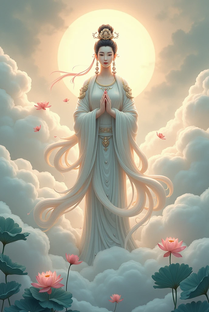 Chinese style Guanyin Bodhisattva,Standing on the clouds and looking down at all living things,There are lotuses,Compassion and solemnity。