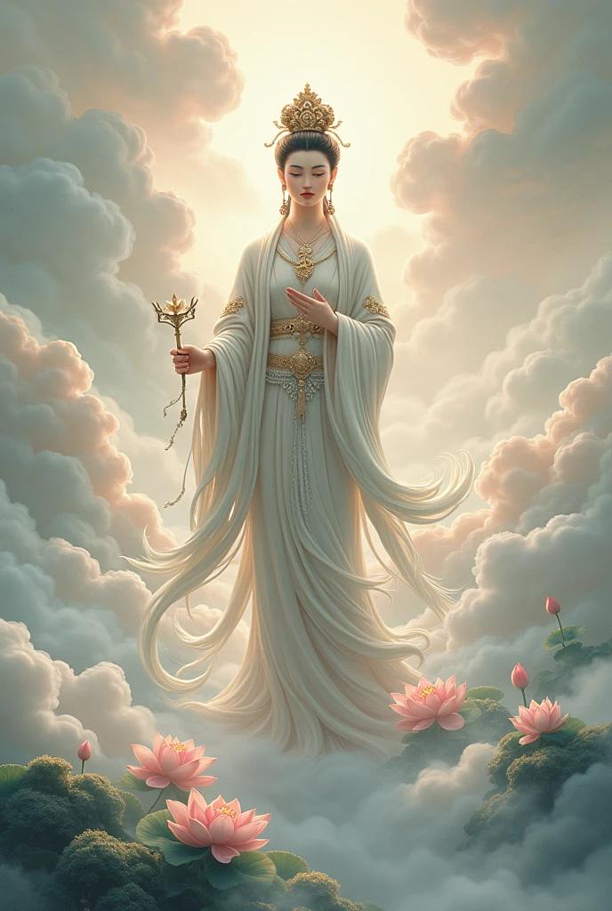 Chinese style Guanyin Bodhisattva,Standing on the clouds and looking down at all living things,There are lotuses,Compassion and solemnity。