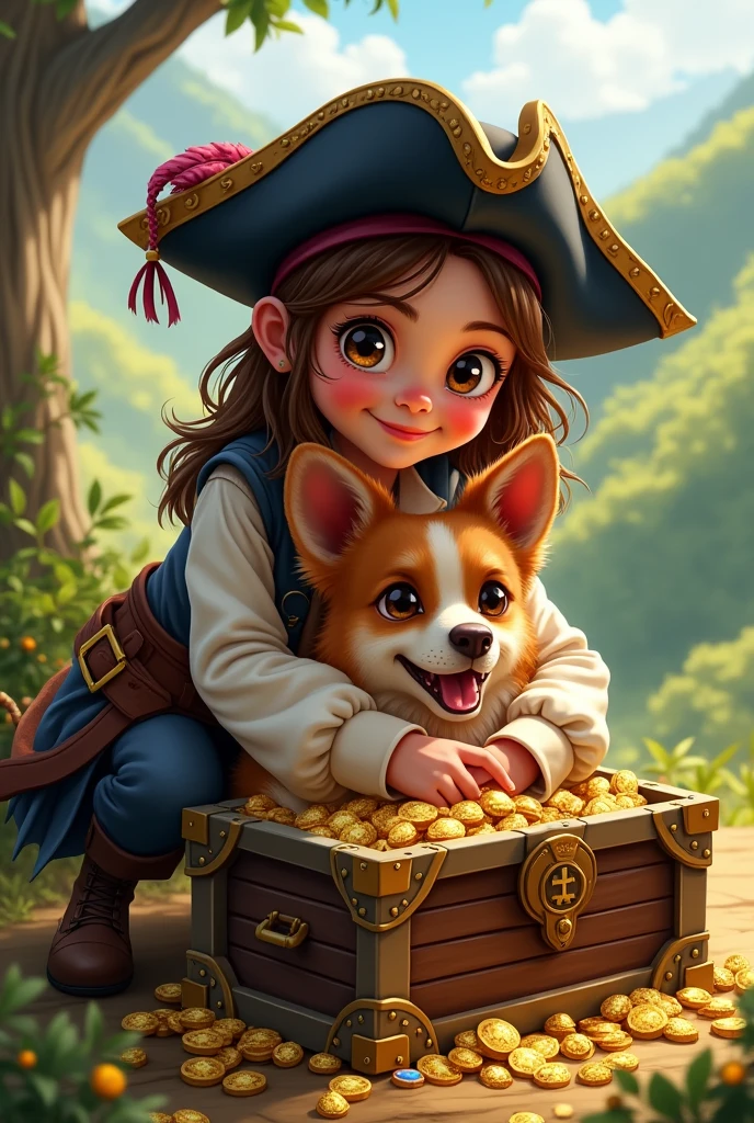 girl dressed as a pirate, dog in a treasure chest and girl hugging dog outside the chest