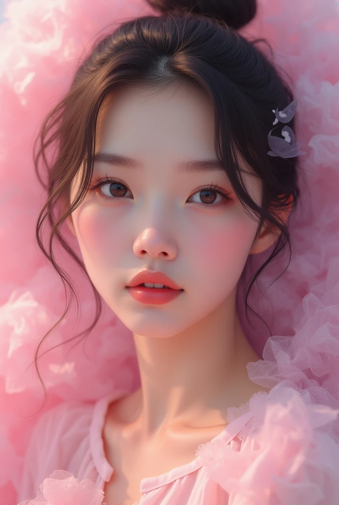 A realistic art of an American woman face with a candy color ambient