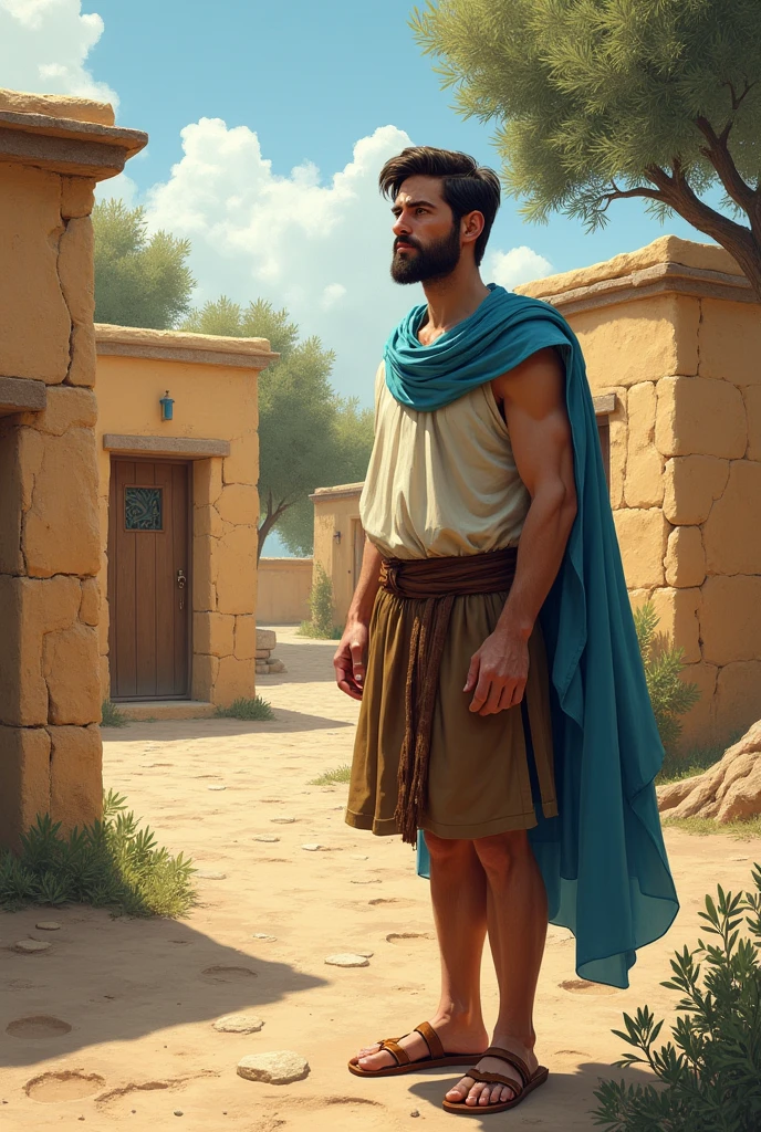 A light-skinned man, blue eyes, beard and dark brown hair, dressed in bone-colored tunic, brown short skirt, sandals tied up to the shins, and sky blue mantle observes a group of 1st century Jewish houses made of ochre-colored stone surrounded by olive trees