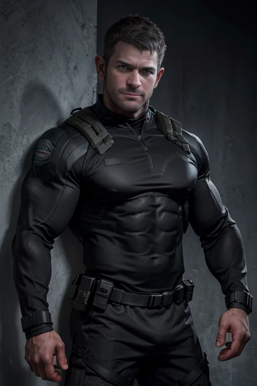 1 man, solo, 3, Chris Redfield, wearing a grey T-shirt, smirks, stubbles, looking at the camera, black color on the shoulder and a bsaa logo on the shoulder, military tactical suit, equipment, tall and hunk, biceps, abs, chest, best quality, masterpiece, high resolution:1.2, upper body shot, dark black gloomy hallway with not background