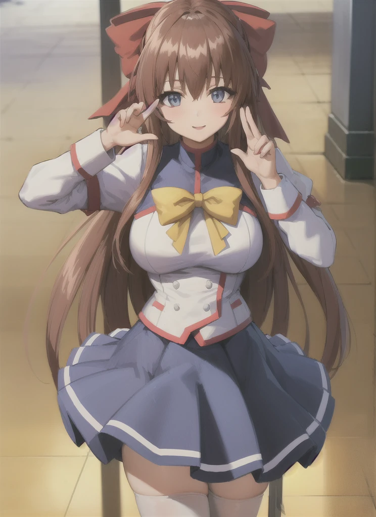 aoikan, 1girl, solo, hair bow, school uniform, long sleeves, bowtie, blue skirt, white thighhighs, looking at viewer, smile, abstract background, cowboy shot, fellatio gesture ,