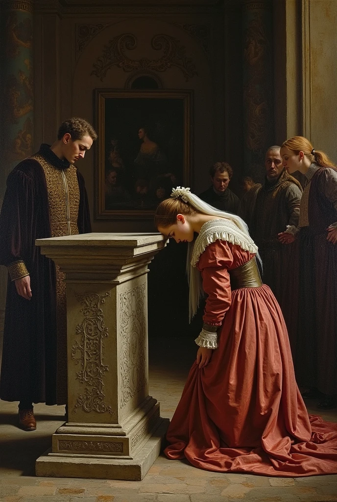 An oil painting of Anne Boleyn putting her head on altar waiting to be beheaded from The Tudors