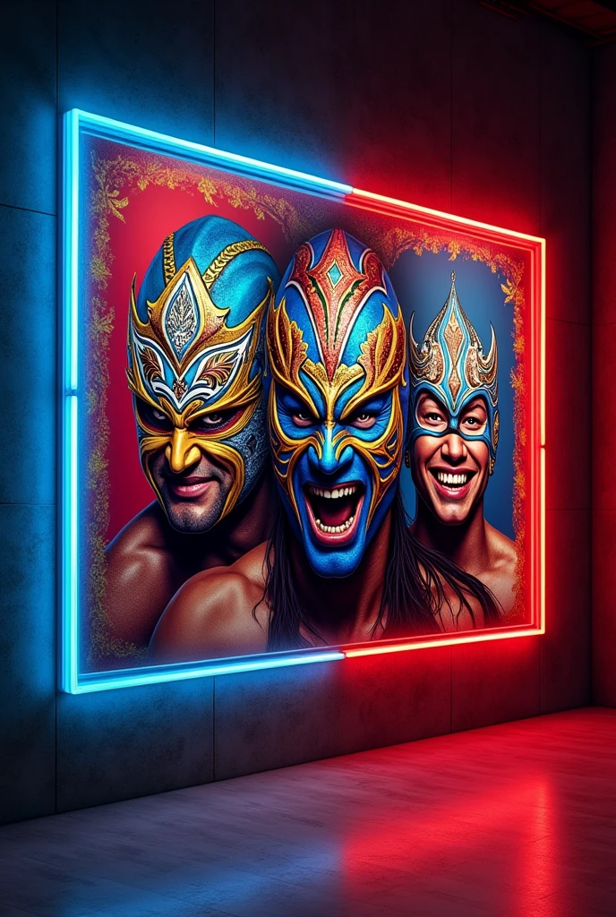 Decorate a wall with a wrestling theme framed in a rectangle of LED lights, around masks or posters of Mexican wrestling characters 