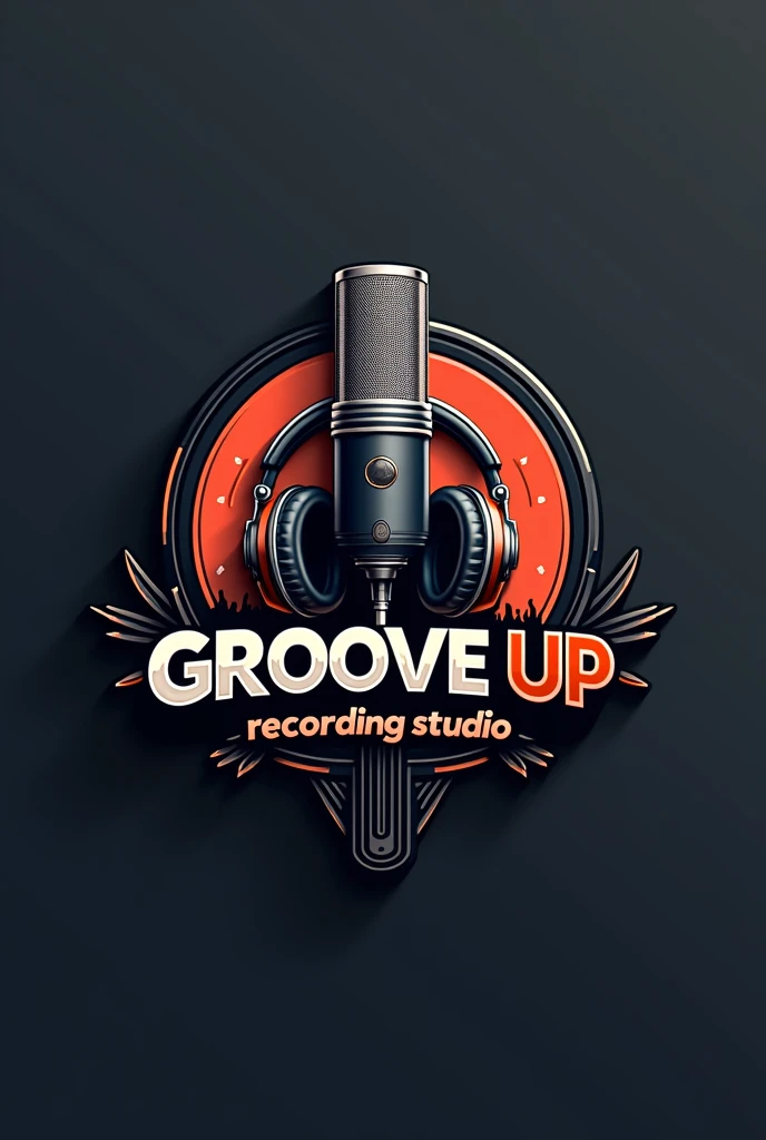 Genera un logo 3d moderno in stile vintage per uno studio di registrazione chiamato “GROOVE UP RECORDING STUDIO” con cuffie da studio e  microfono neumann u 87  e pad da beat maker