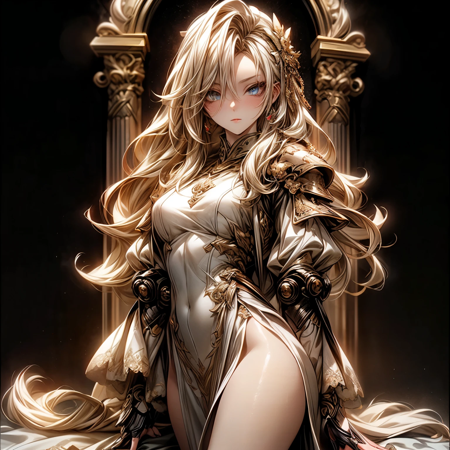 Excellent, masterpiece, full body, (adult: 1.6) Hungarian woman, (giggle: 0.4), arms behind her head, golden braids, sparkling eyes, shy, floating particles of light, centered, big breasts, erotic lingerie