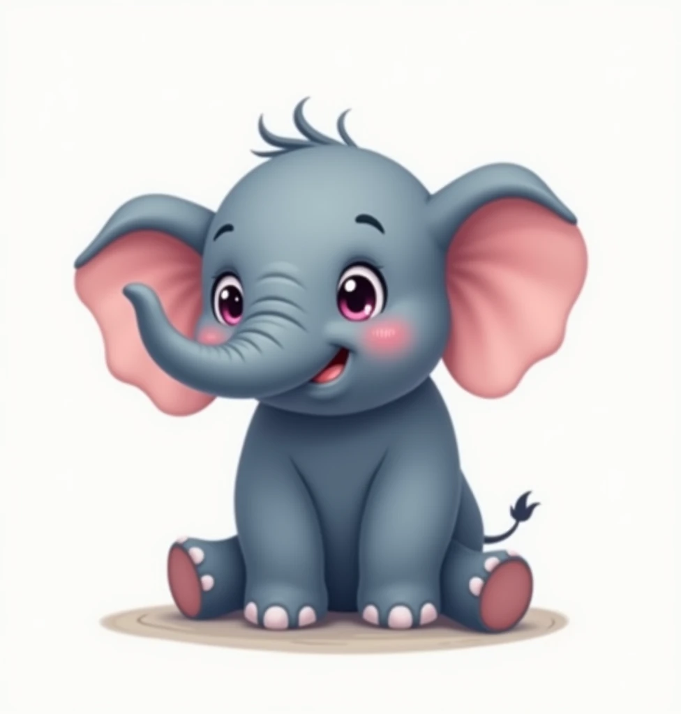 Cute little elephant, dark blue color, sitting on the ground, crossing his trunk and waving, in a simple flat cartoon style, on a white background with no shadows. This cute little gray elephant is gray with pink ears and eyes, and has a smiling facial expression showing its small teeth. The artwork has soft lines and smooth edges in a cartoon animal illustration style with a simple design and 3d rendering with high resolution and professional quality.
